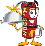 Clip Art Graphic of a Stick of Red Dynamite Cartoon Character Dressed as a Waiter and Holding a Serving Platter