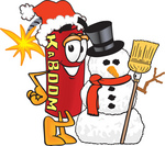 Clip Art Graphic of a Stick of Red Dynamite Cartoon Character With a Snowman on Christmas