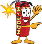 Clip Art Graphic of a Stick of Red Dynamite Cartoon Character Waving and Pointing