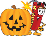 Clip Art Graphic of a Stick of Red Dynamite Cartoon Character With a Carved Halloween Pumpkin