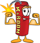 Clip Art Graphic of a Stick of Red Dynamite Cartoon Character Flexing His Arm Muscles