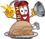 Clip Art Graphic of a Stick of Red Dynamite Cartoon Character Serving a Thanksgiving Turkey on a Platter