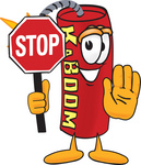 Clip Art Graphic of a Stick of Red Dynamite Cartoon Character Holding a Stop Sign