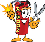 Clip Art Graphic of a Stick of Red Dynamite Cartoon Character Holding a Pair of Scissors