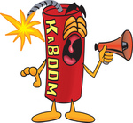 Clip Art Graphic of a Stick of Red Dynamite Cartoon Character Screaming Into a Megaphone