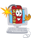 Clip Art Graphic of a Stick of Red Dynamite Cartoon Character Waving From Inside a Computer Screen