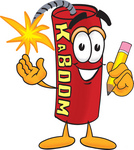 Clip Art Graphic of a Stick of Red Dynamite Cartoon Character Holding a Pencil