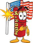 Clip Art Graphic of a Stick of Red Dynamite Cartoon Character Pledging Allegiance to an American Flag