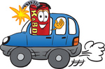 Clip Art Graphic of a Stick of Red Dynamite Cartoon Character Driving a Blue Car and Waving