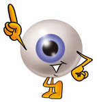 Clip Art Graphic of a Blue Eyeball Cartoon Character Pointing Upwards