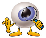 Clip Art Graphic of a Blue Eyeball Cartoon Character Looking Through a Magnifying Glass