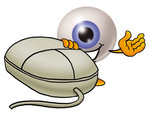 Clip Art Graphic of a Blue Eyeball Cartoon Character With a Computer Mouse