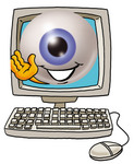 Clip Art Graphic of a Blue Eyeball Cartoon Character Waving From Inside a Computer Screen