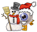 Clip Art Graphic of a Blue Eyeball Cartoon Character With a Snowman on Christmas