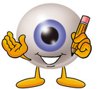 Clip Art Graphic of a Blue Eyeball Cartoon Character Holding a Pencil