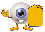 Clip Art Graphic of a Blue Eyeball Cartoon Character Holding a Yellow Sales Price Tag