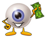 Clip Art Graphic of a Blue Eyeball Cartoon Character Holding a Dollar Bill