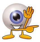 Clip Art Graphic of a Blue Eyeball Cartoon Character Waving and Pointing