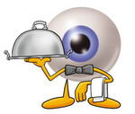 Clip Art Graphic of a Blue Eyeball Cartoon Character Dressed as a Waiter and Holding a Serving Platter