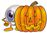 Clip Art Graphic of a Blue Eyeball Cartoon Character With a Carved Halloween Pumpkin