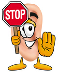 Clip Art Graphic of a Human Ear Cartoon Character Holding a Stop Sign