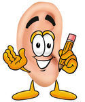 Clip Art Graphic of a Human Ear Cartoon Character Holding a Pencil