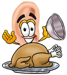 Clip Art Graphic of a Human Ear Cartoon Character Serving a Thanksgiving Turkey on a Platter