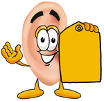 Clip Art Graphic of a Human Ear Cartoon Character Holding a Yellow Sales Price Tag