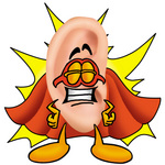 Clip Art Graphic of a Human Ear Cartoon Character Dressed as a Super Hero
