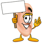 Clip Art Graphic of a Human Ear Cartoon Character Holding a Blank Sign