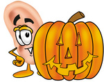 Clip Art Graphic of a Human Ear Cartoon Character With a Carved Halloween Pumpkin