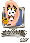 Clip Art Graphic of a Human Ear Cartoon Character Waving From Inside a Computer Screen
