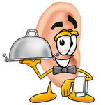 Clip Art Graphic of a Human Ear Cartoon Character Dressed as a Waiter and Holding a Serving Platter