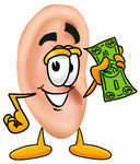 Clip Art Graphic of a Human Ear Cartoon Character Holding a Dollar Bill