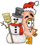 Clip Art Graphic of a Human Ear Cartoon Character With a Snowman on Christmas