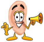 Clip Art Graphic of a Human Ear Cartoon Character Holding a Megaphone