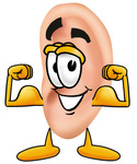 Clip Art Graphic of a Human Ear Cartoon Character Flexing His Arm Muscles