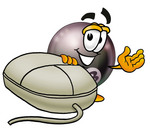 Clip Art Graphic of a Billiards Eight Ball Cartoon Character With a Computer Mouse