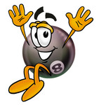 Clip Art Graphic of a Billiards Eight Ball Cartoon Character Jumping