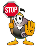Clip Art Graphic of a Billiards Eight Ball Cartoon Character Holding a Stop Sign