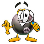 Clip Art Graphic of a Billiards Eight Ball Cartoon Character Looking Through a Magnifying Glass