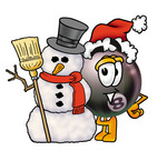 Clip Art Graphic of a Billiards Eight Ball Cartoon Character With a Snowman on Christmas