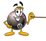 Clip Art Graphic of a Billiards Eight Ball Cartoon Character Holding a Pointer Stick