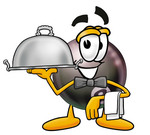 Clip Art Graphic of a Billiards Eight Ball Cartoon Character Dressed as a Waiter and Holding a Serving Platter