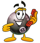 Clip Art Graphic of a Billiards Eight Ball Cartoon Character Holding a Telephone