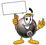 Clip Art Graphic of a Billiards Eight Ball Cartoon Character Holding a Blank Sign