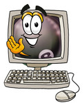 Clip Art Graphic of a Billiards Eight Ball Cartoon Character Waving From Inside a Computer Screen