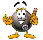Clip Art Graphic of a Billiards Eight Ball Cartoon Character Holding a Pencil