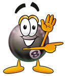 Clip Art Graphic of a Billiards Eight Ball Cartoon Character Waving and Pointing