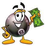 Clip Art Graphic of a Billiards Eight Ball Cartoon Character Holding a Dollar Bill